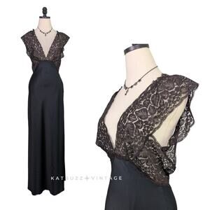 Vintage Satin Lace Nightgown Slip Dress S Black Sheer Long Maxi Glam Romance